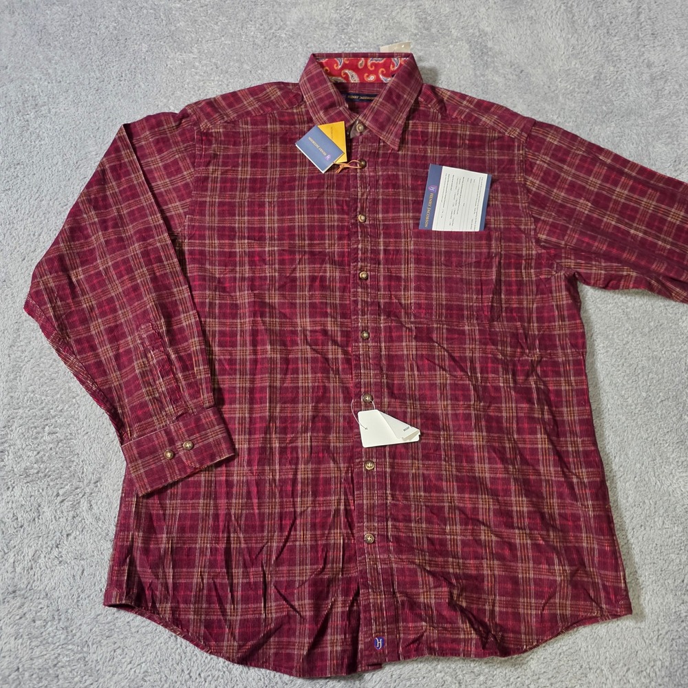 Henry Jacobson Mens L Button Up Shirt Burgundy Plaid Corduroy Paisley Trim 3222